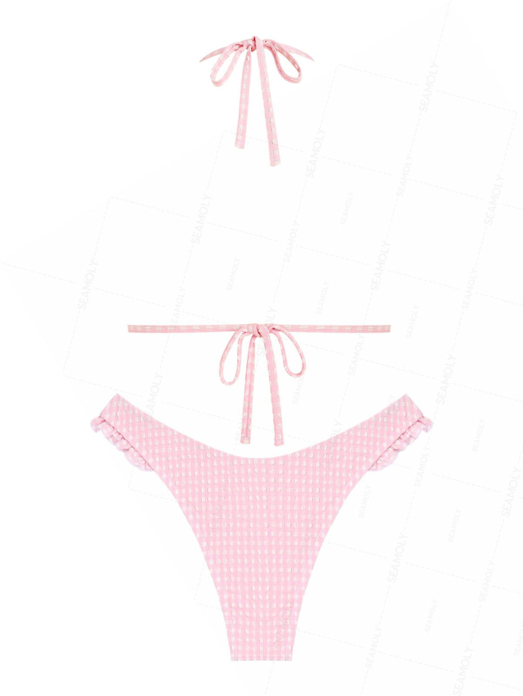 Seamolly Gingham Lace Bowknot Halter Triangle Cheeky Bikini Set
