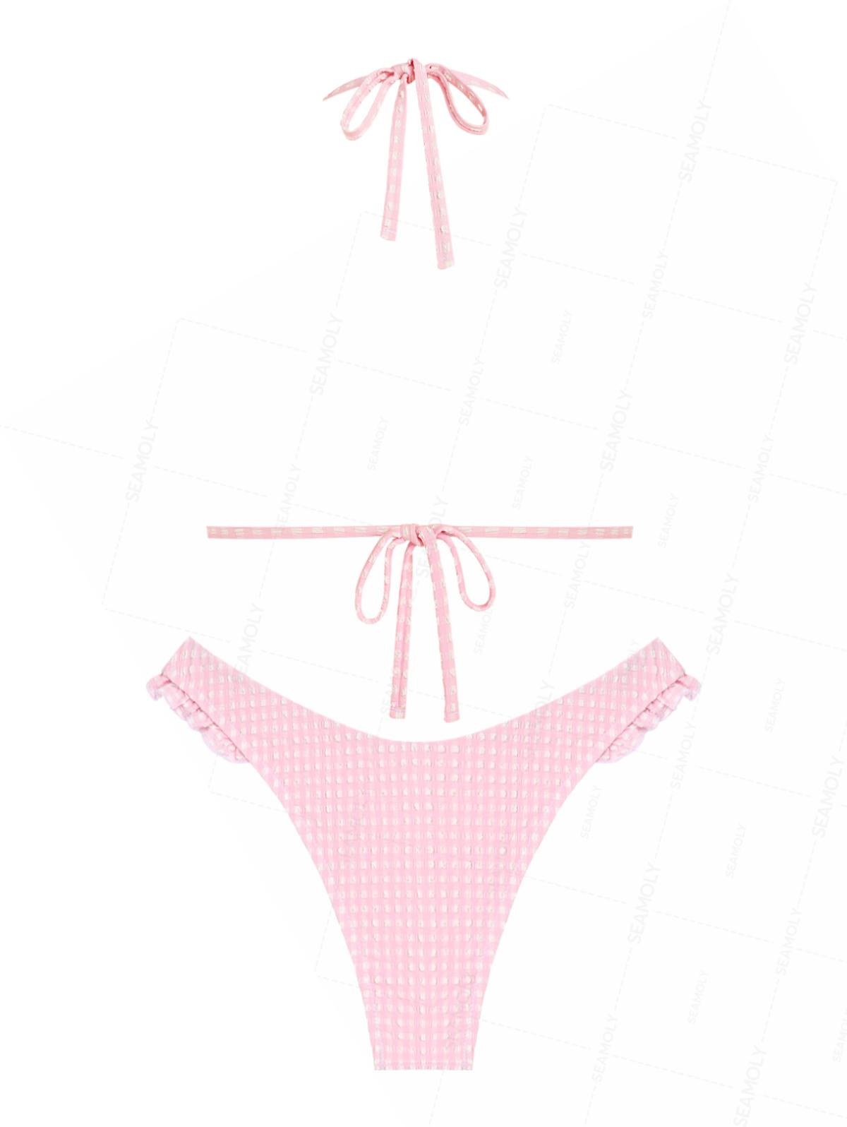 Seamolly Gingham Lace Bowknot Halter Triangle Cheeky Bikini Set