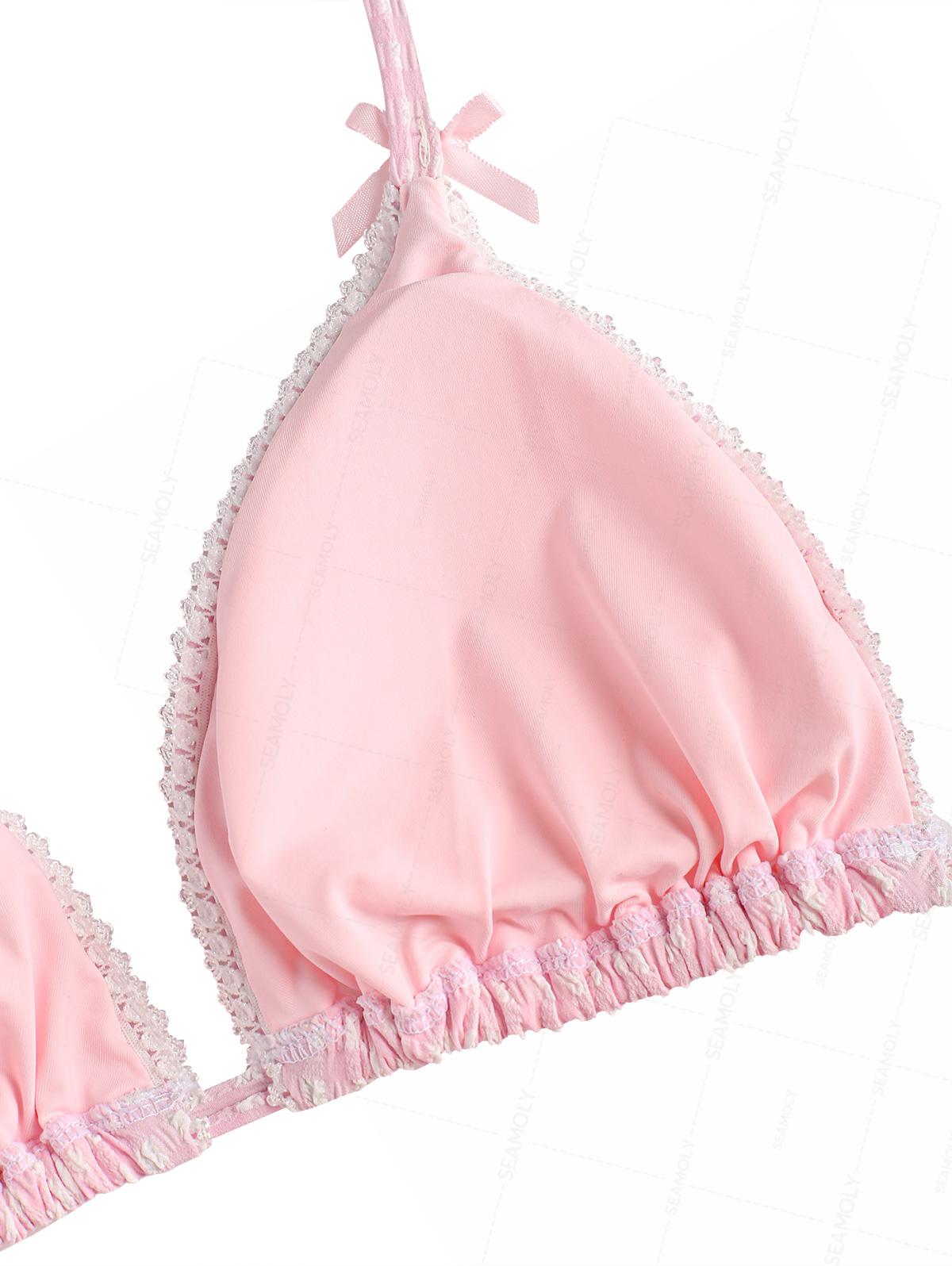 Seamolly Gingham Lace Bowknot Halter Triangle Cheeky Bikini Set