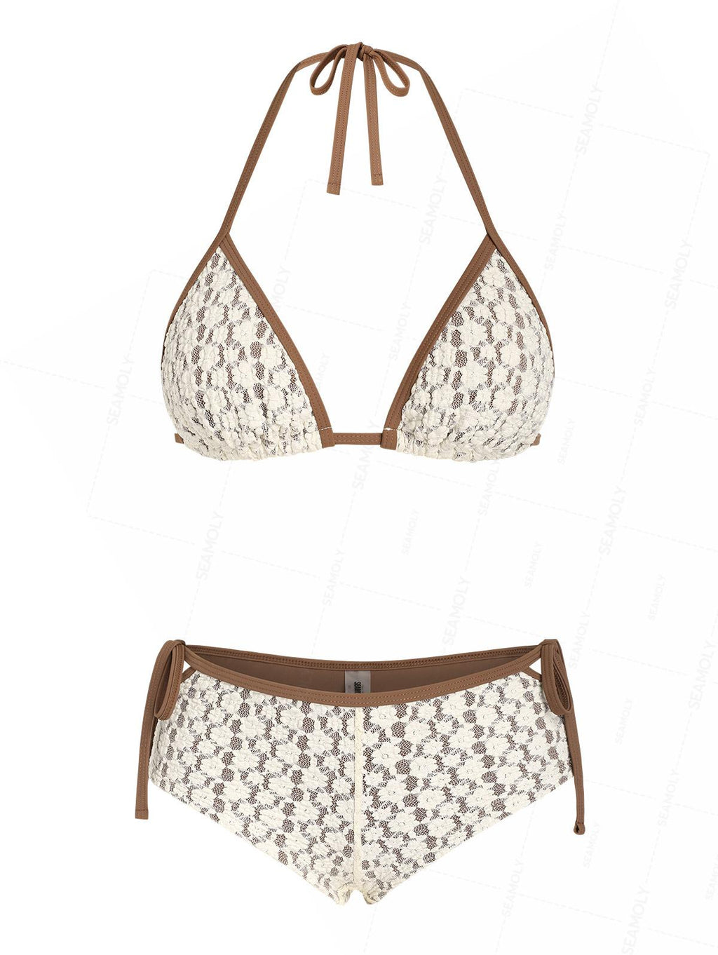 Seamolly Contrast Binding Lace Cutout Tied Side  Boyshorts Bikini Set
