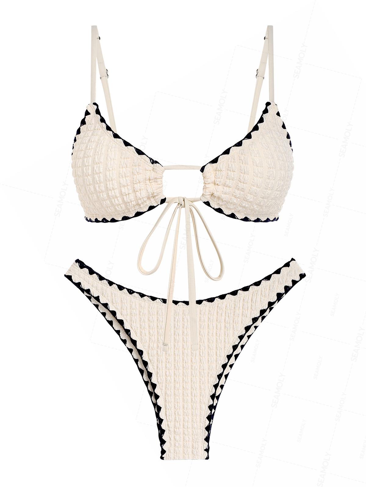 Seamolly Contrast Color Textured Whip Stitching Tied Bikini Set