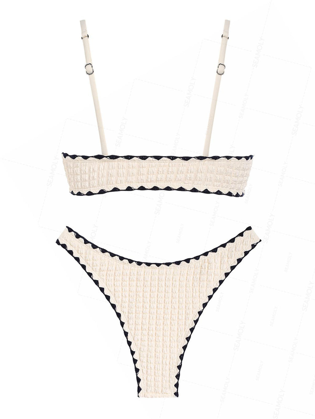 Seamolly Contrast Color Textured Whip Stitching Tied Bikini Set