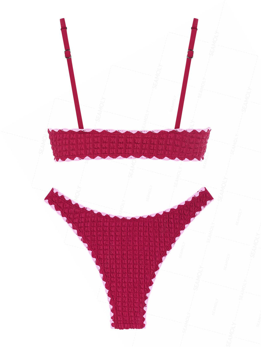 Seamolly Contrast Color Textured Whip Stitching Tied Bikini Set