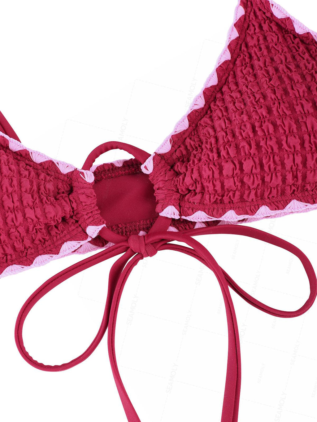 Seamolly Contrast Color Textured Whip Stitching Tied Bikini Set
