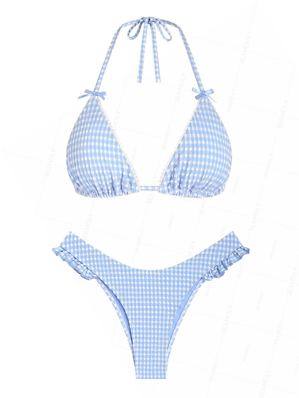 Seamolly Gingham Lace Bowknot Ruffles Trim  Bikini Set