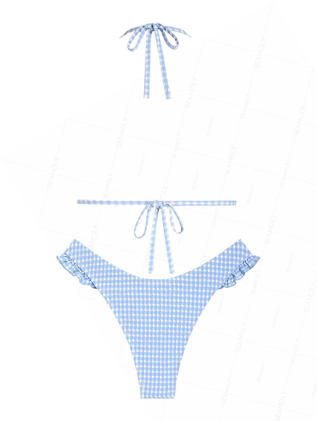 Seamolly Gingham Lace Bowknot Ruffles Trim  Bikini Set