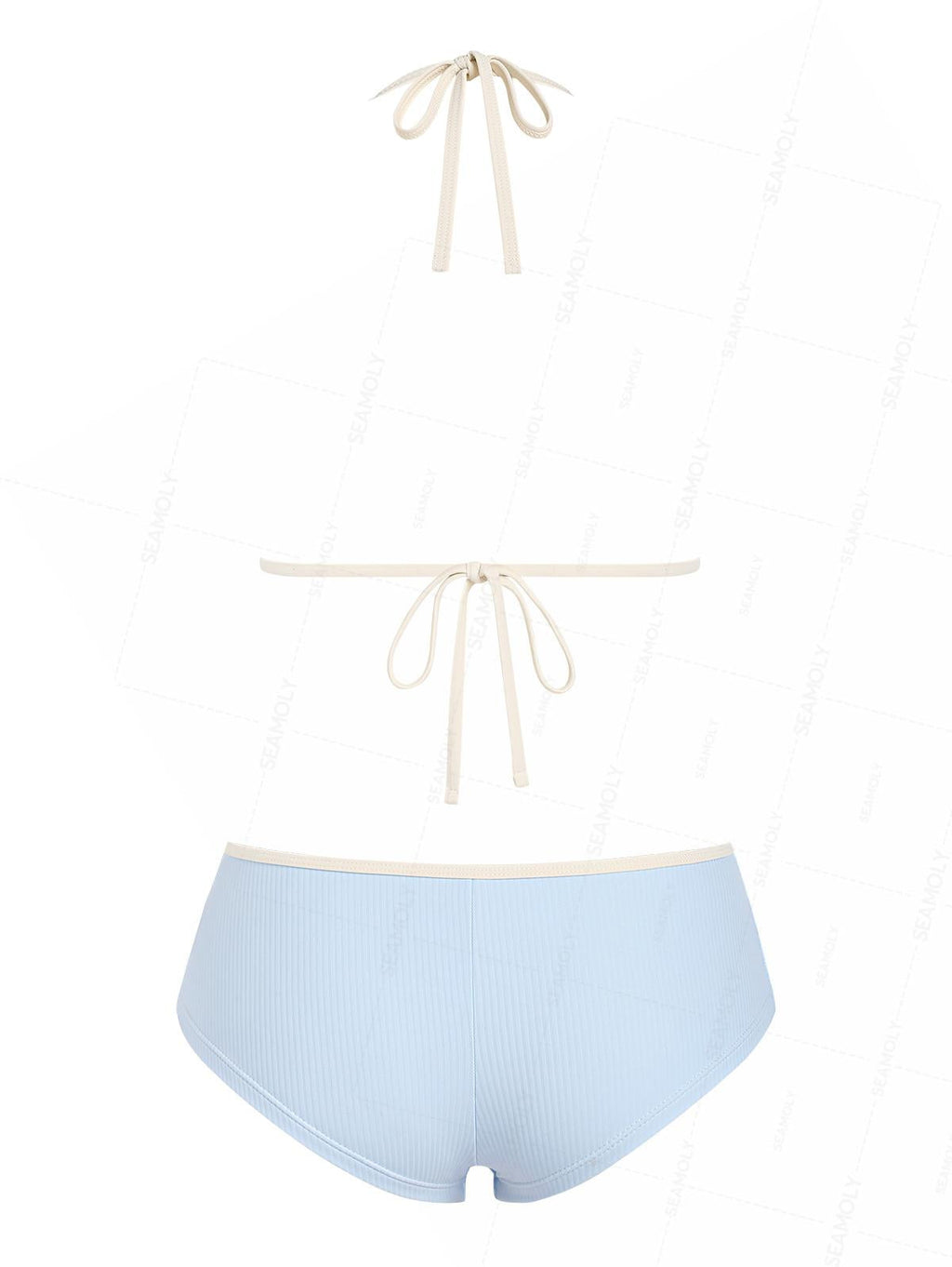 Seamolly Ribbed Ruffles Trim Halter Triangle Boyshorts Bikini Set