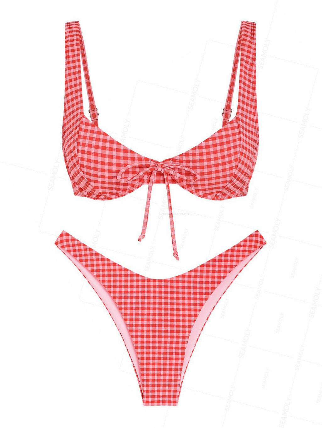 Seamolly Gingham Bowknot Decor Cinched Tied Back Underwire Bikini Set