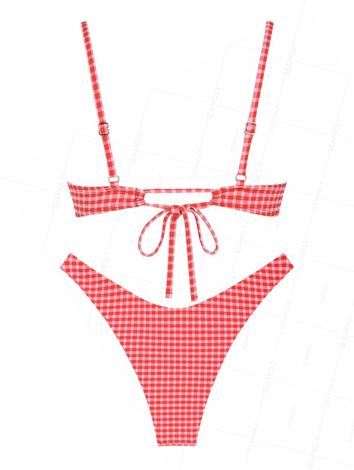 Seamolly Gingham Bowknot Decor Cinched Tied Back Underwire Bikini Set