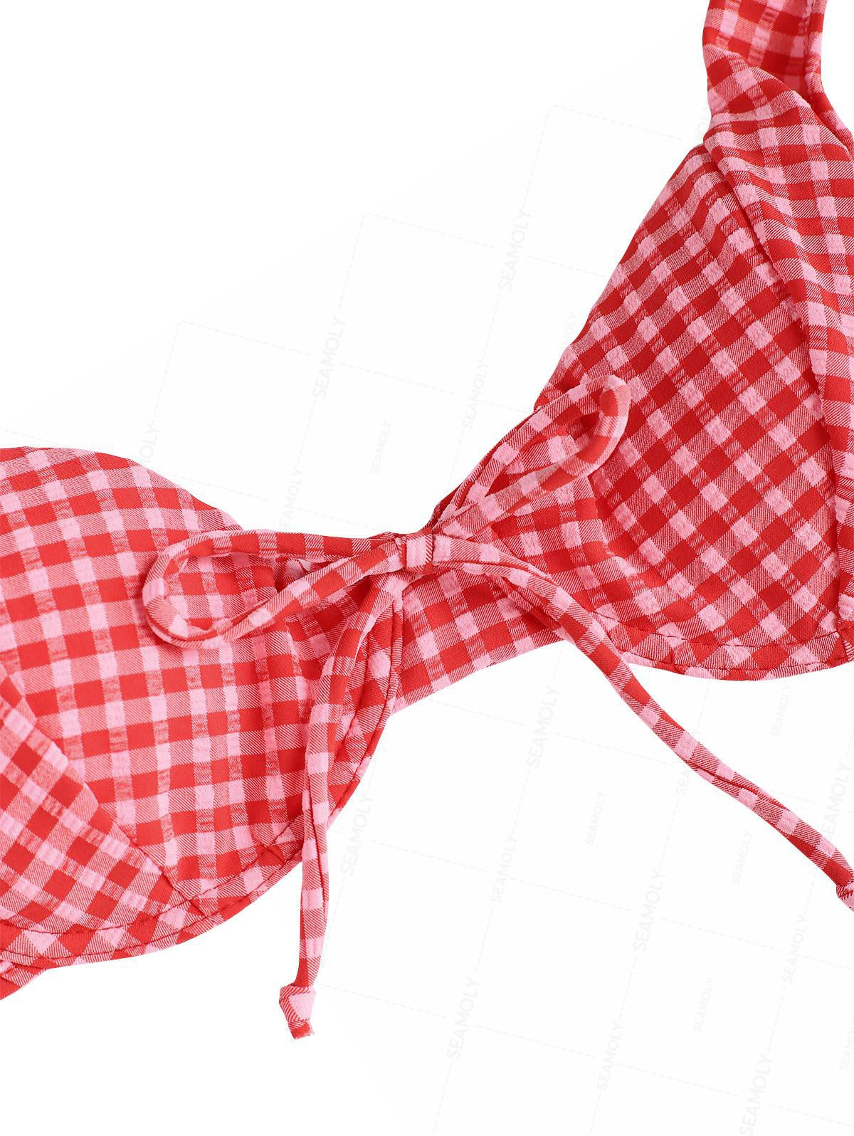 Seamolly Gingham Bowknot Decor Cinched Tied Back Underwire Bikini Set