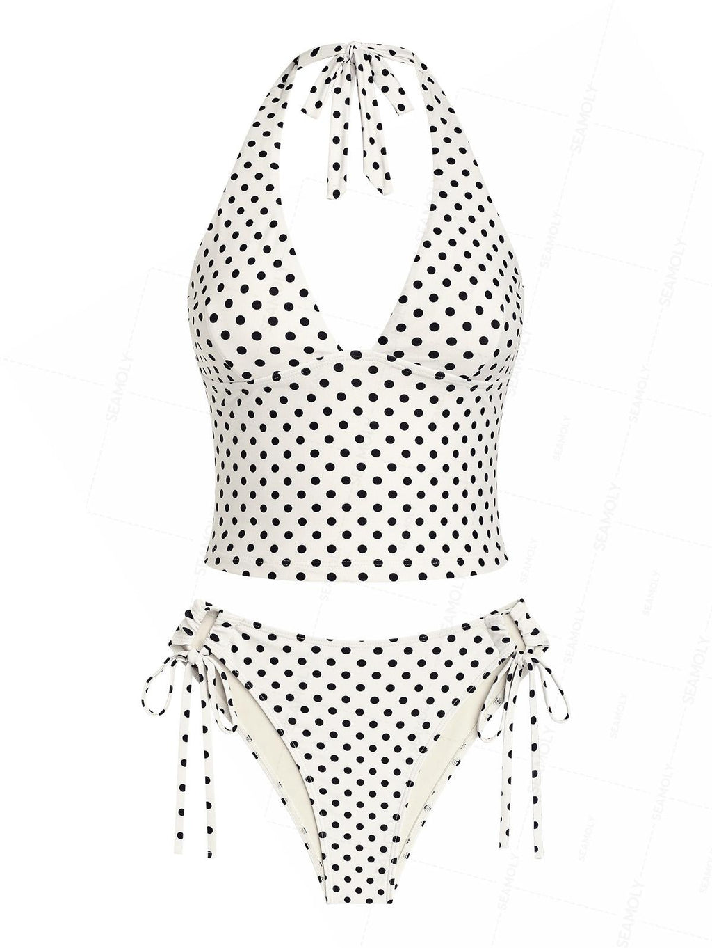 Seamolly Polka Dot Print Plunging Neck Halter Cinched  Tankini Set