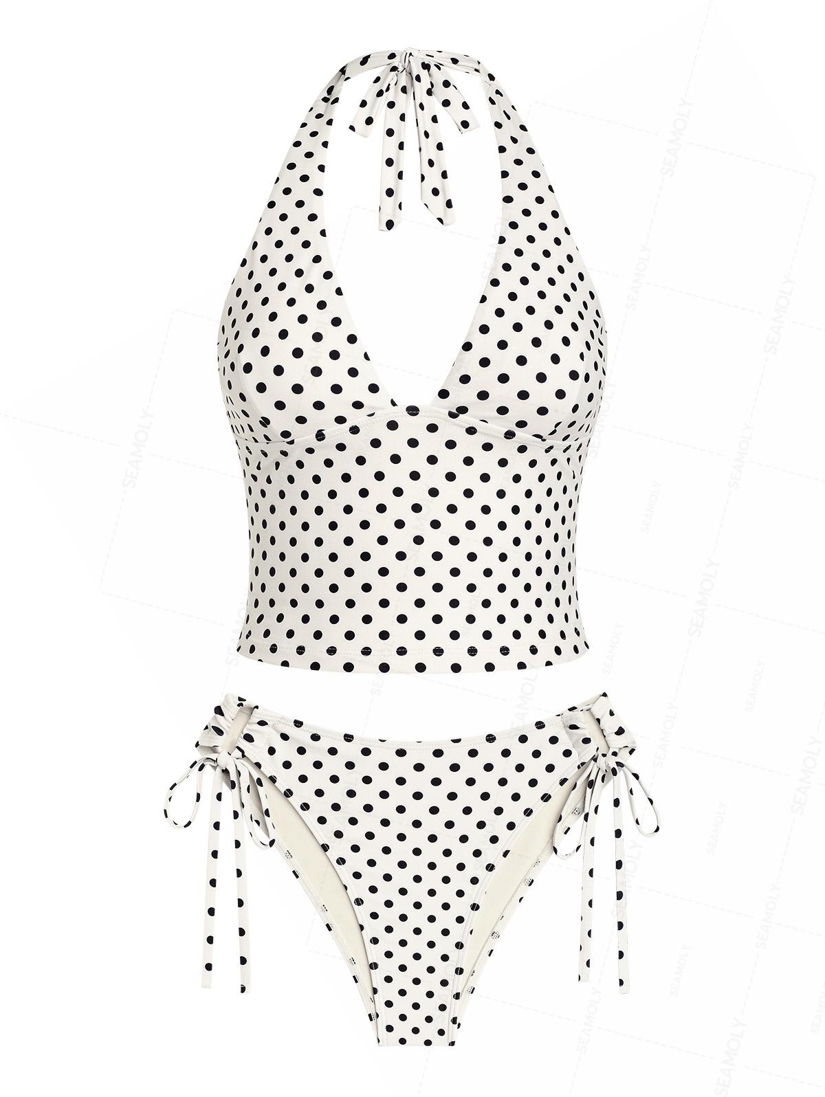 Seamolly Polka Dot Print Plunging Neck Halter Cinched  Tankini Set
