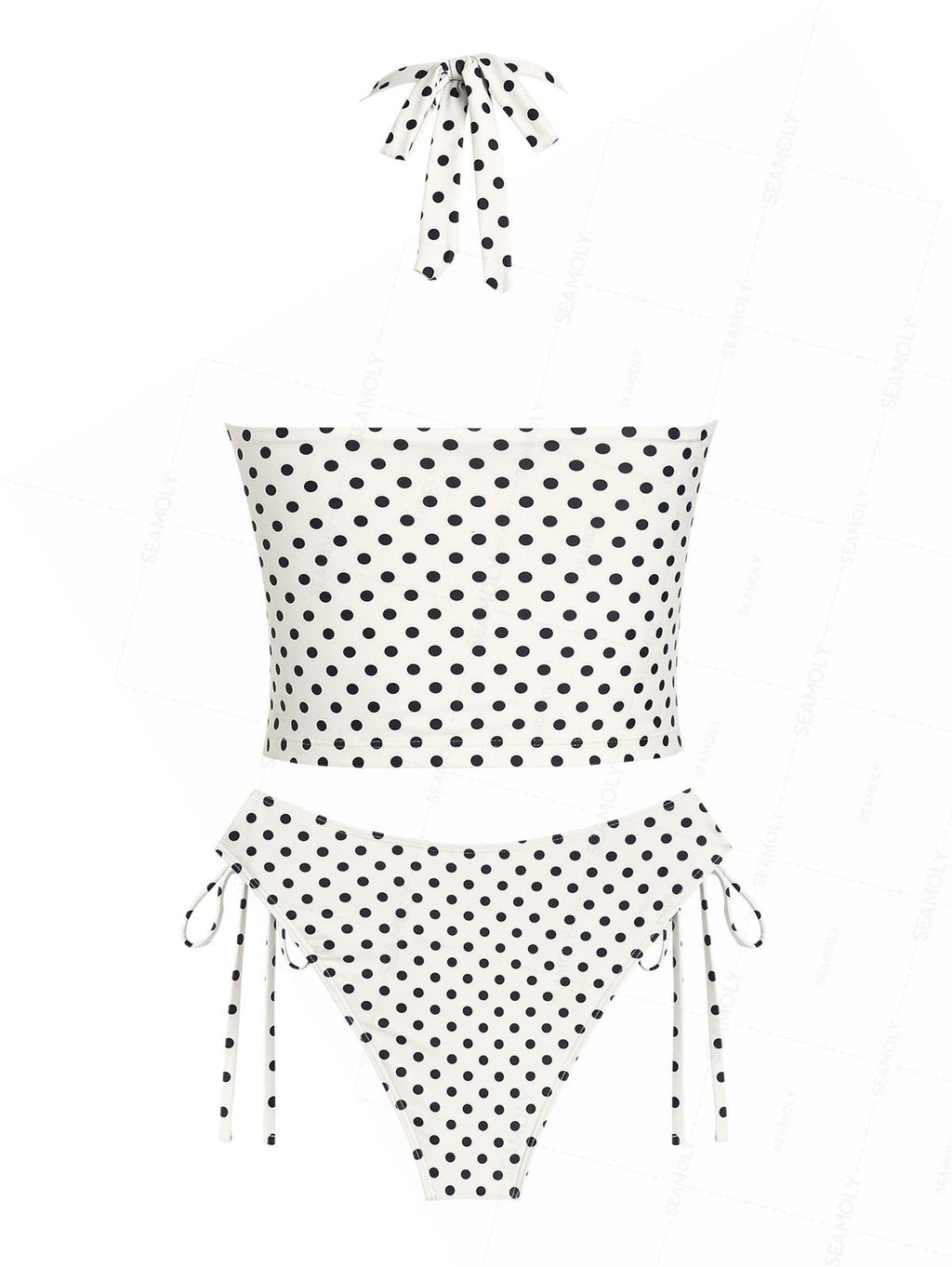 Seamolly Polka Dot Print Plunging Neck Halter Cinched  Tankini Set