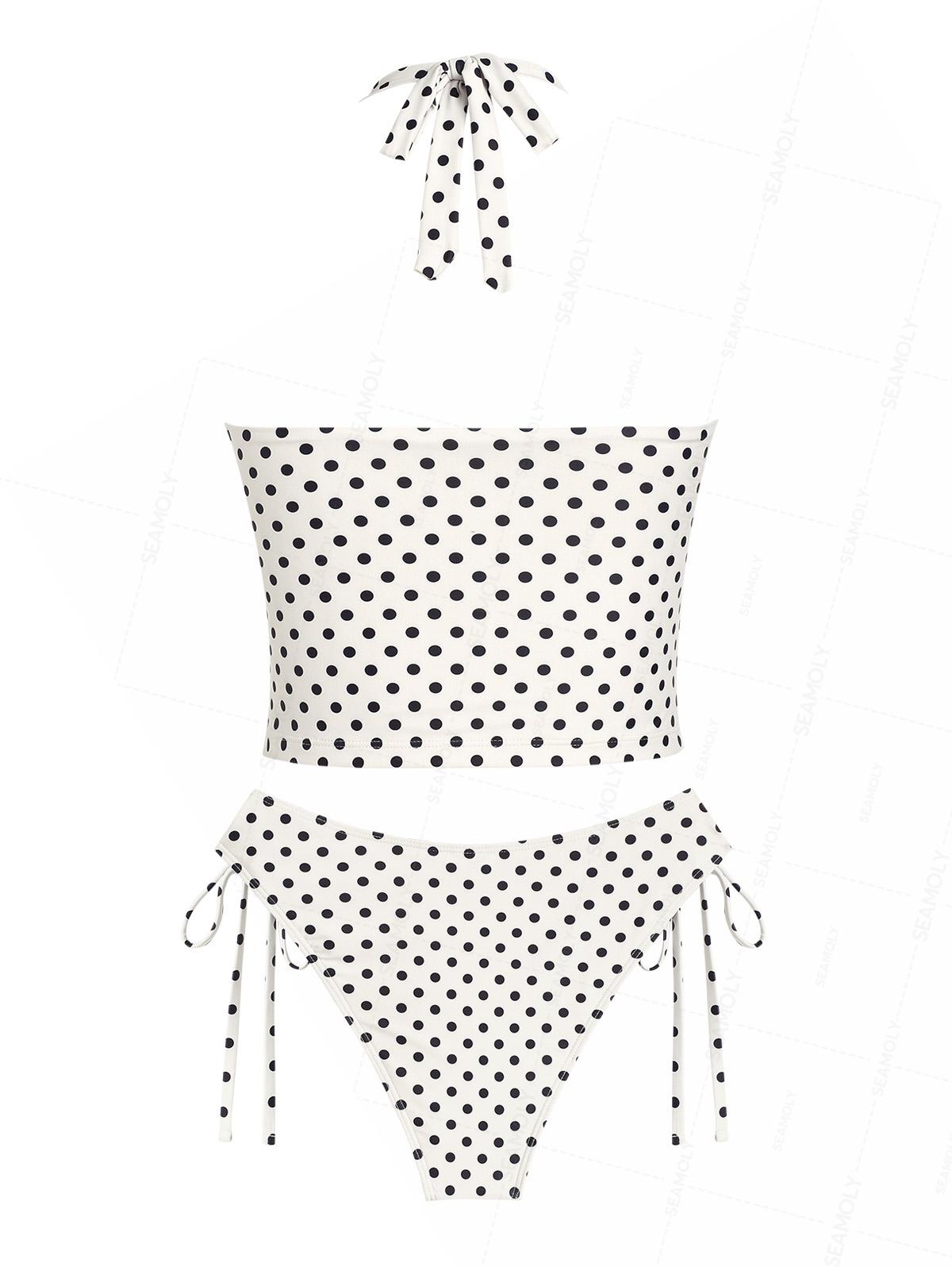 Seamolly Polka Dot Print Plunging Neck Halter Cinched  Tankini Set
