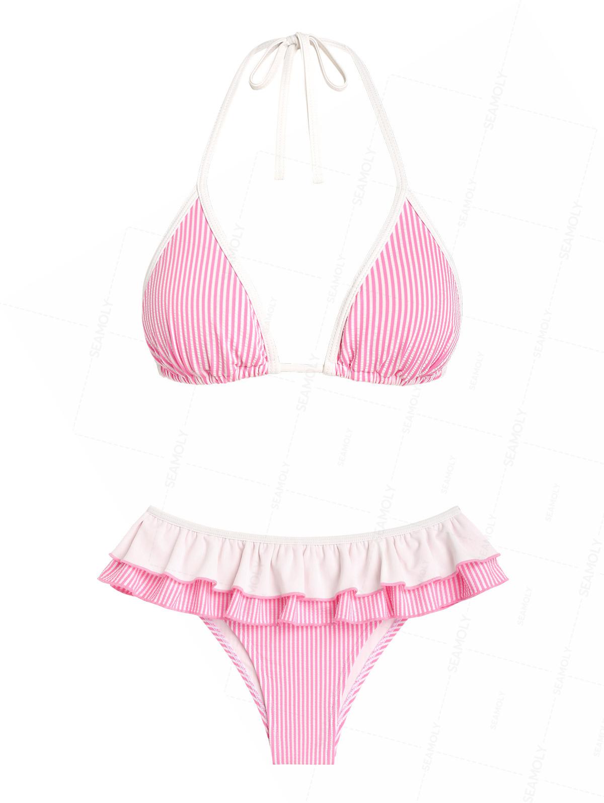 Seamolly Contrast Binding Striped Layered Peplum Halter Triangle Skirtini Bikini Set
