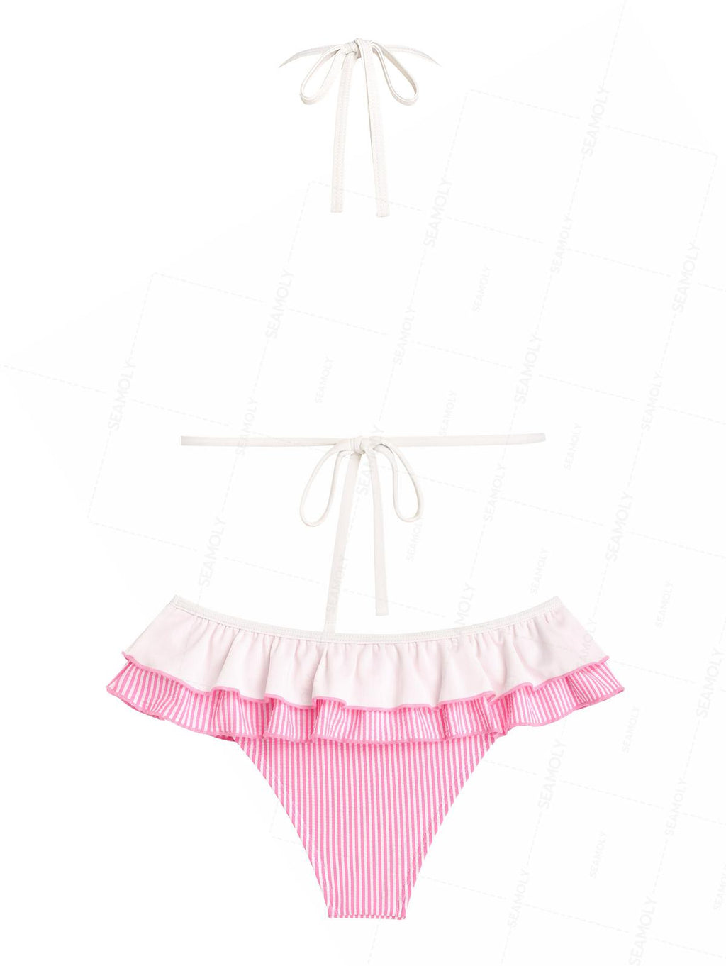 Seamolly Contrast Binding Striped Layered Peplum Halter Triangle Skirtini Bikini Set