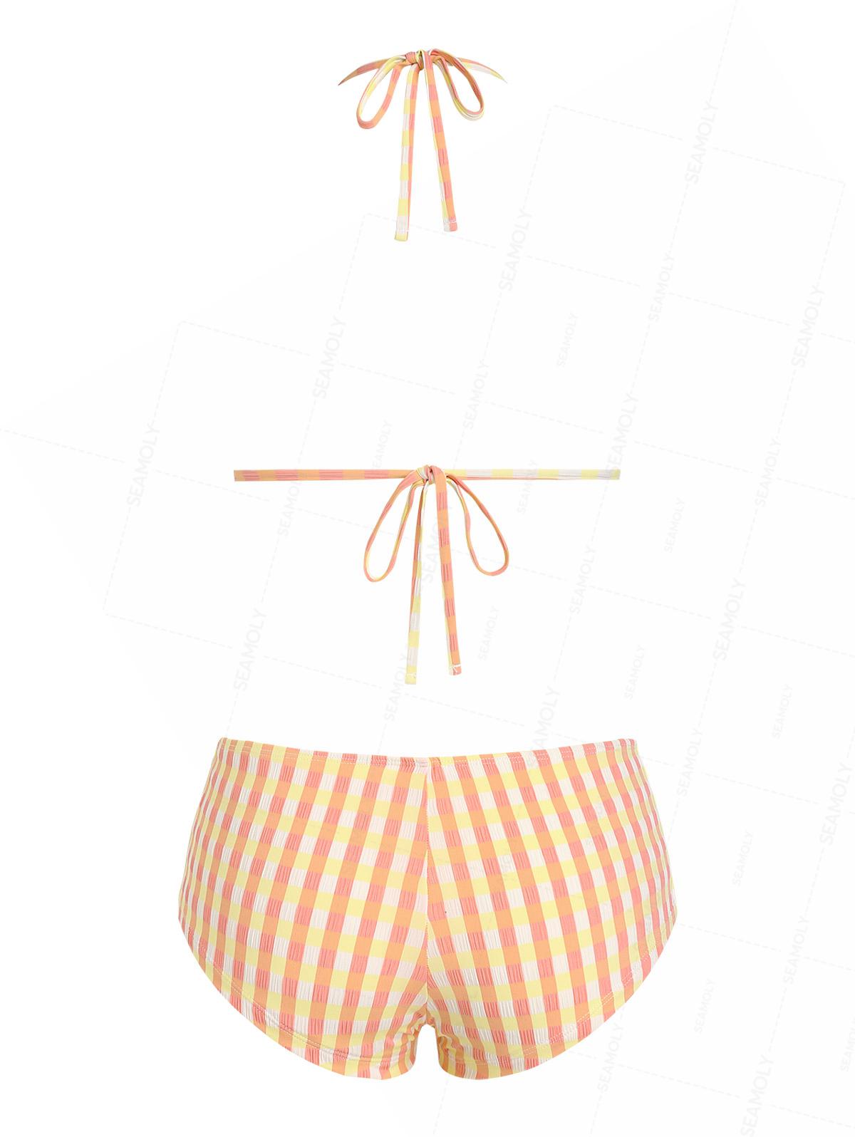 Seamolly Gingham Lace Trim Bowknot Decor Halter Triangle Boyshorts Bikini Set