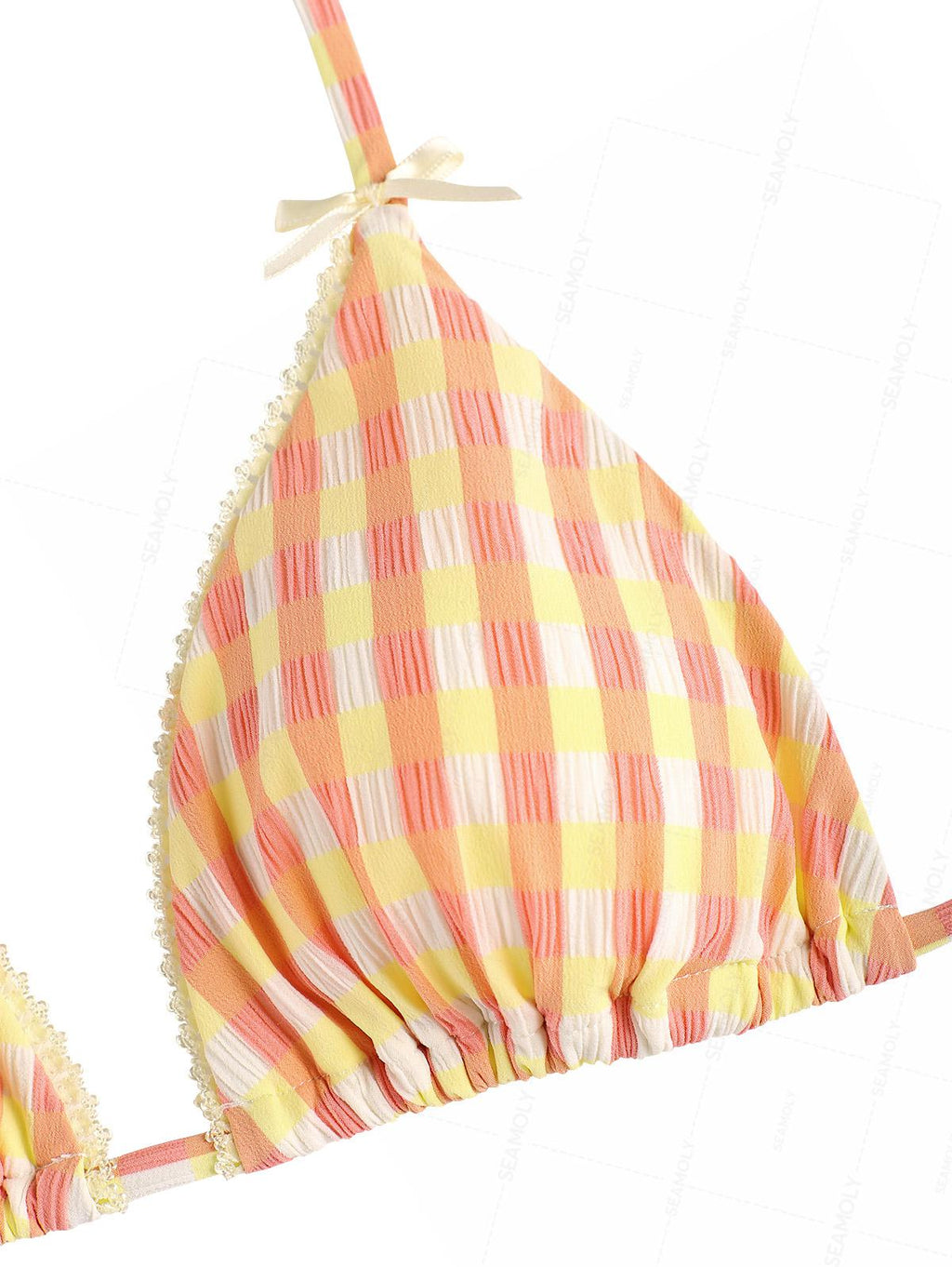 Seamolly Gingham Lace Trim Bowknot Decor Halter Triangle Boyshorts Bikini Set