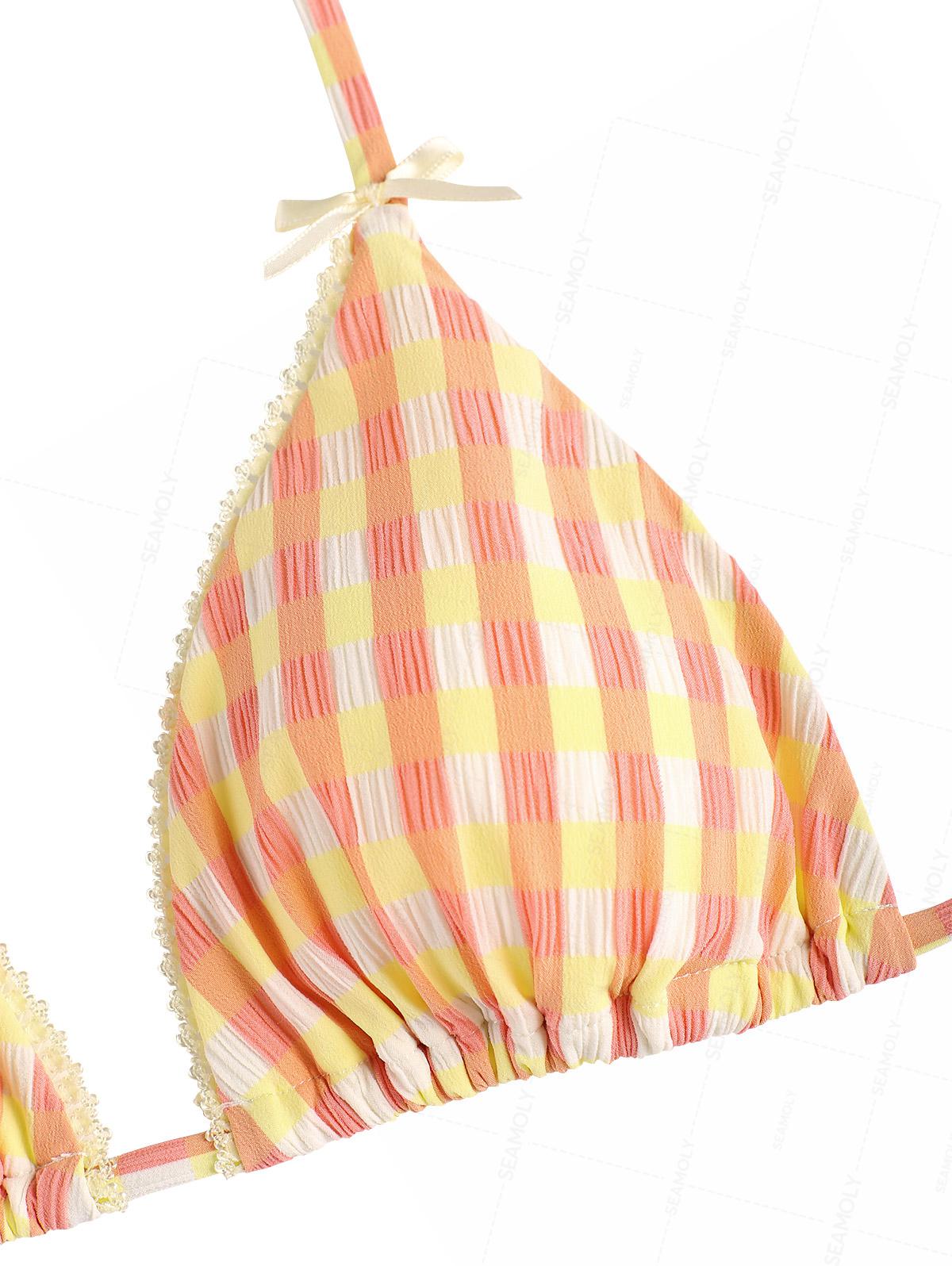 Seamolly Gingham Lace Trim Bowknot Decor Halter Triangle Boyshorts Bikini Set