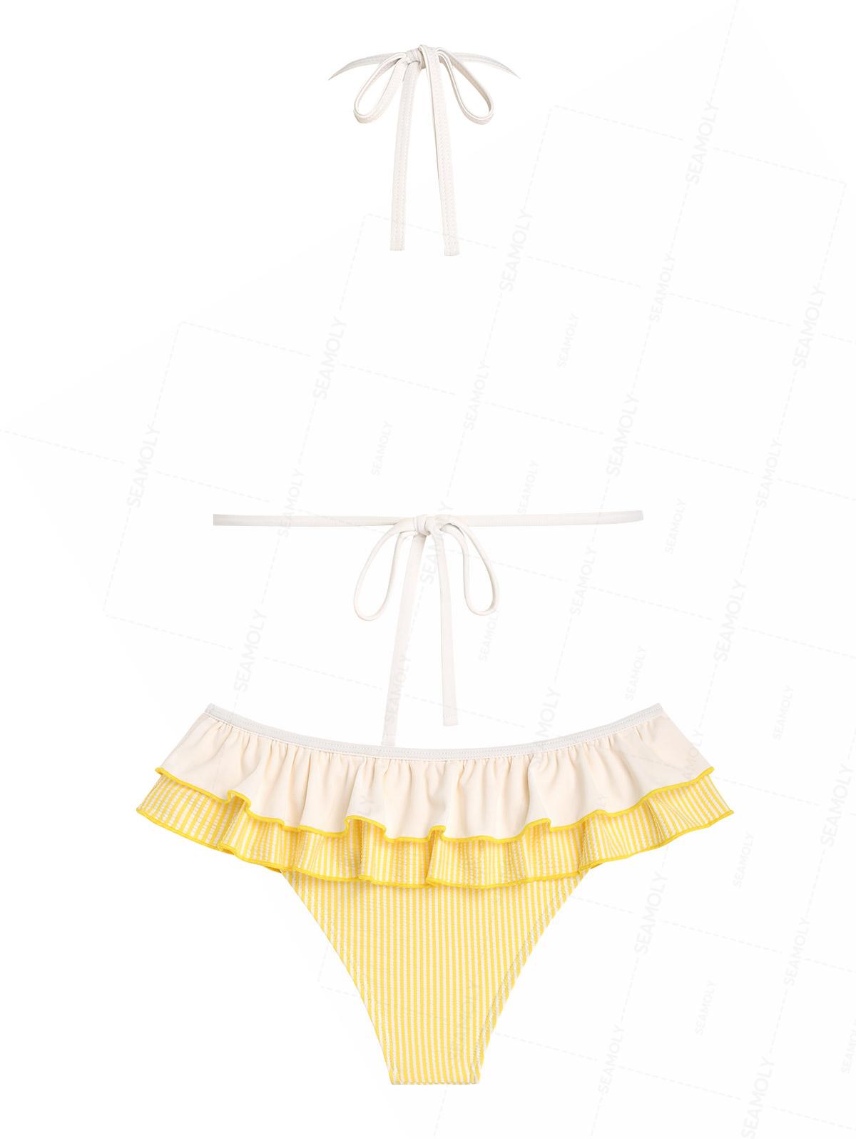 Seamolly Contrast Binding Striped Layered Peplum Halter Triangle Skirtini Bikini Set