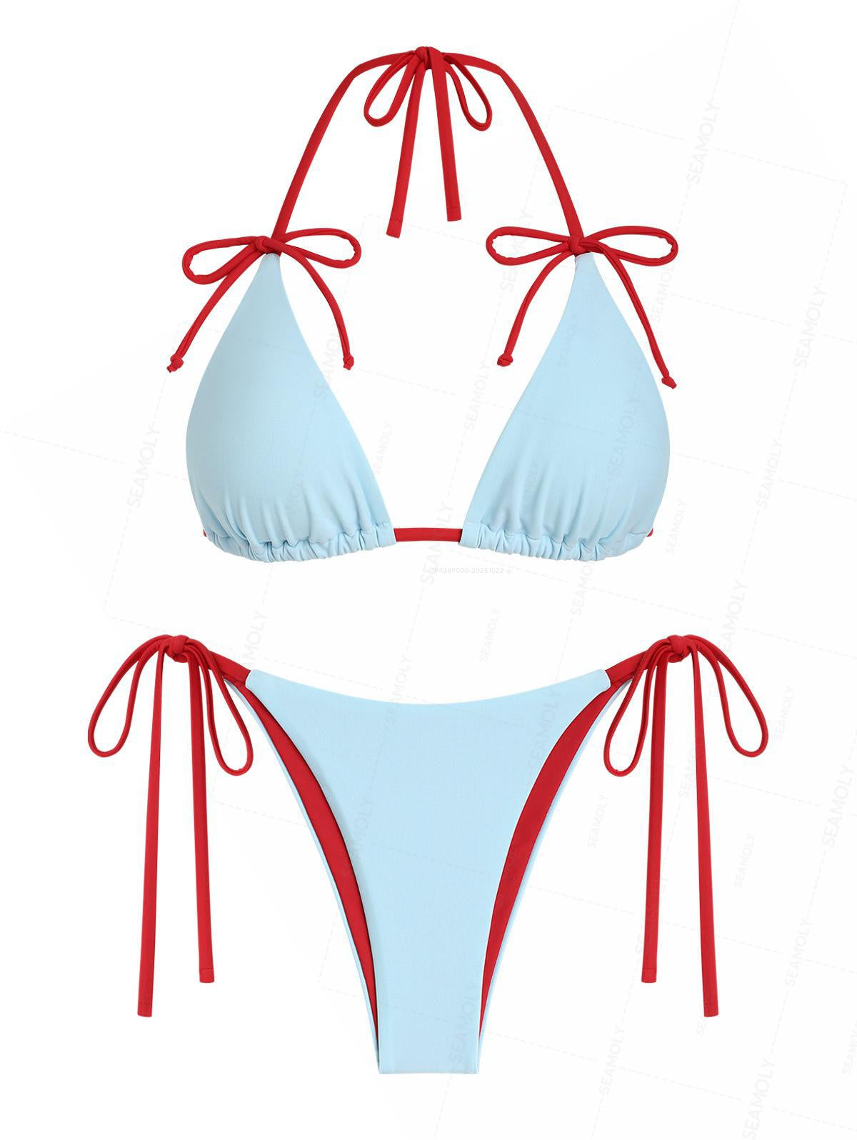 Seamolly Contrast Color Bowknot Halter Triangle Tie Side Bikini Set