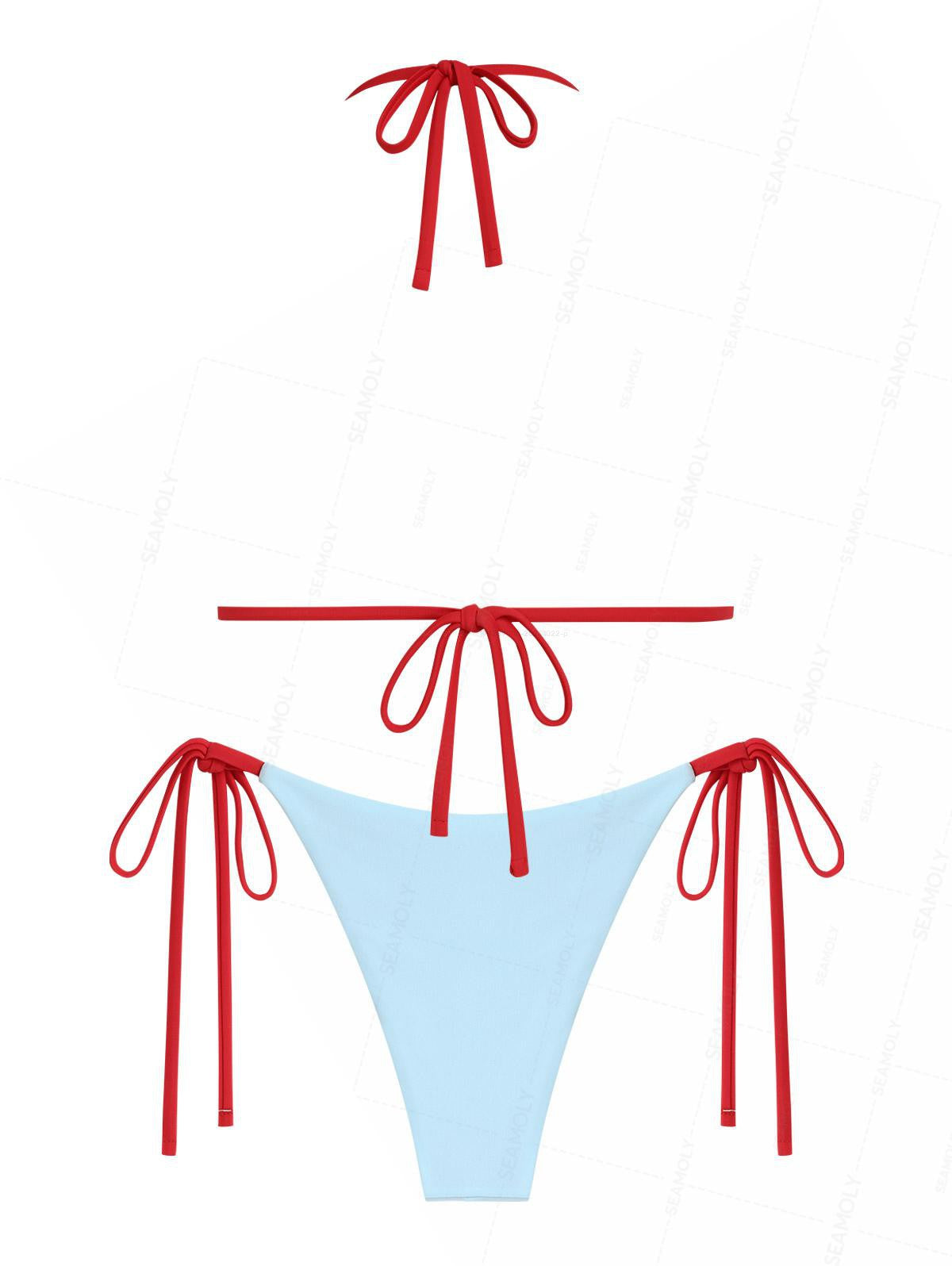 Seamolly Contrast Color Bowknot Halter Triangle Tie Side Bikini Set