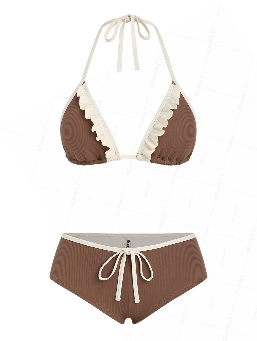 Seamolly Ribbed Ruffles Trim Halter Triangle Boyshorts Bikini Set