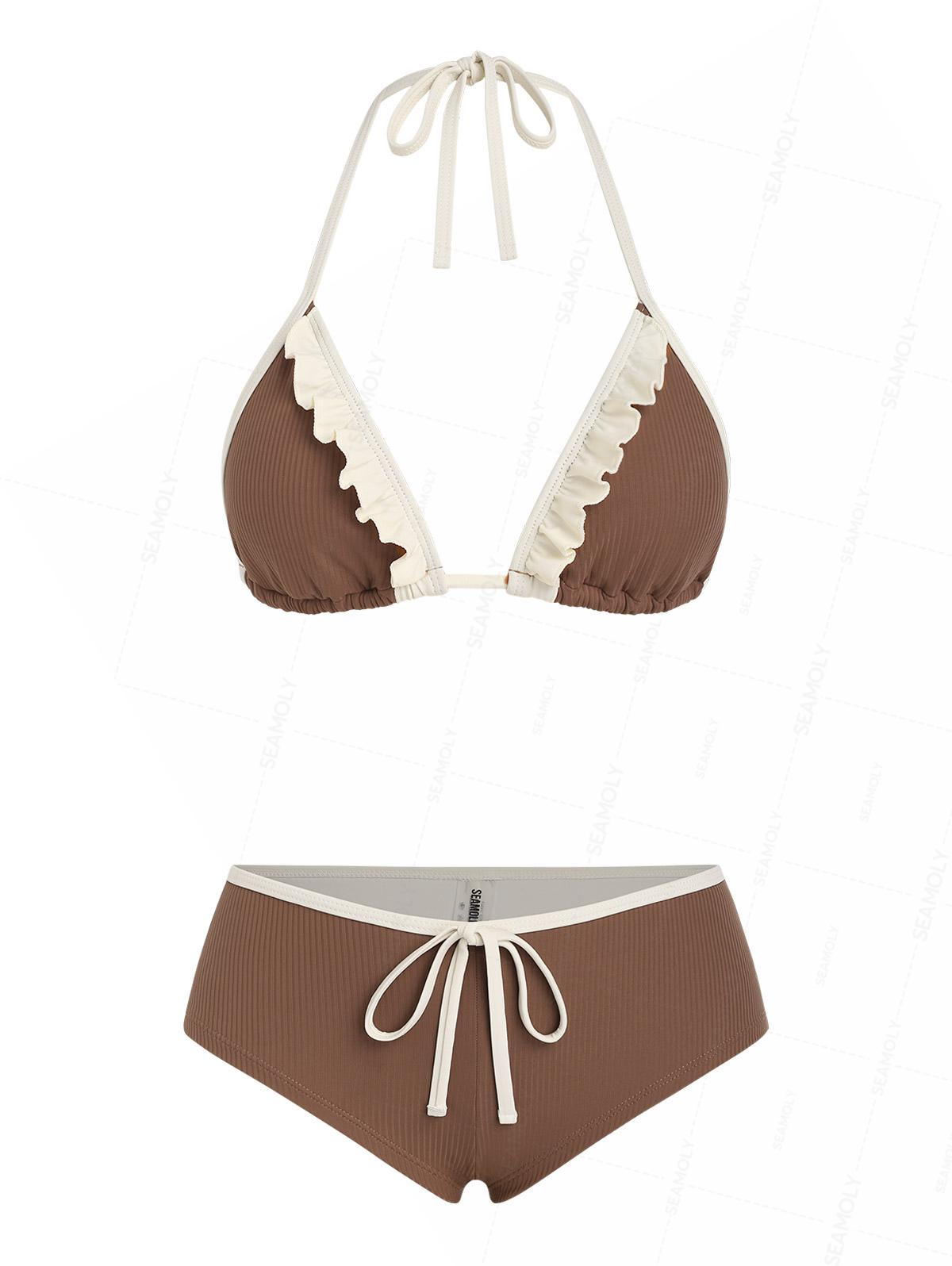 Seamolly Ribbed Ruffles Trim Halter Triangle Boyshorts Bikini Set