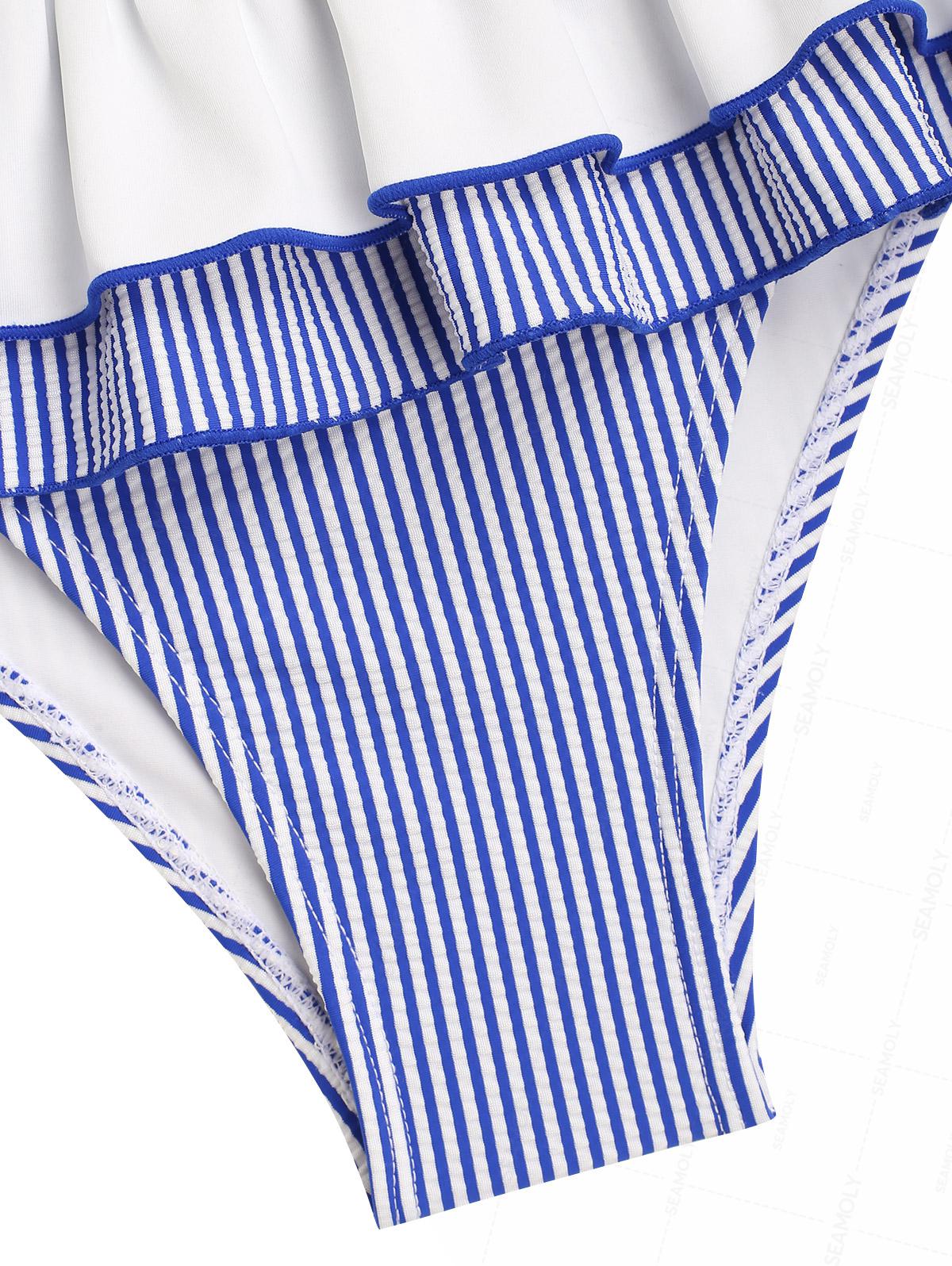 Seamolly Contrast Binding Striped Layered Peplum Halter Triangle Skirtini Bikini Set