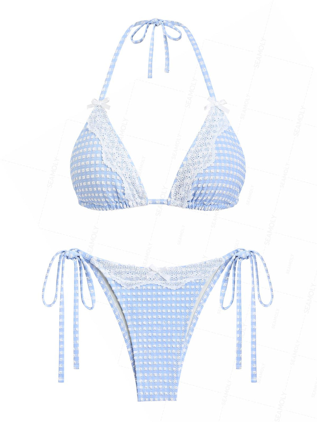 Seamolly Gingham Textured Lace Bowknot Halter Triangle Tie Side Bikini Set