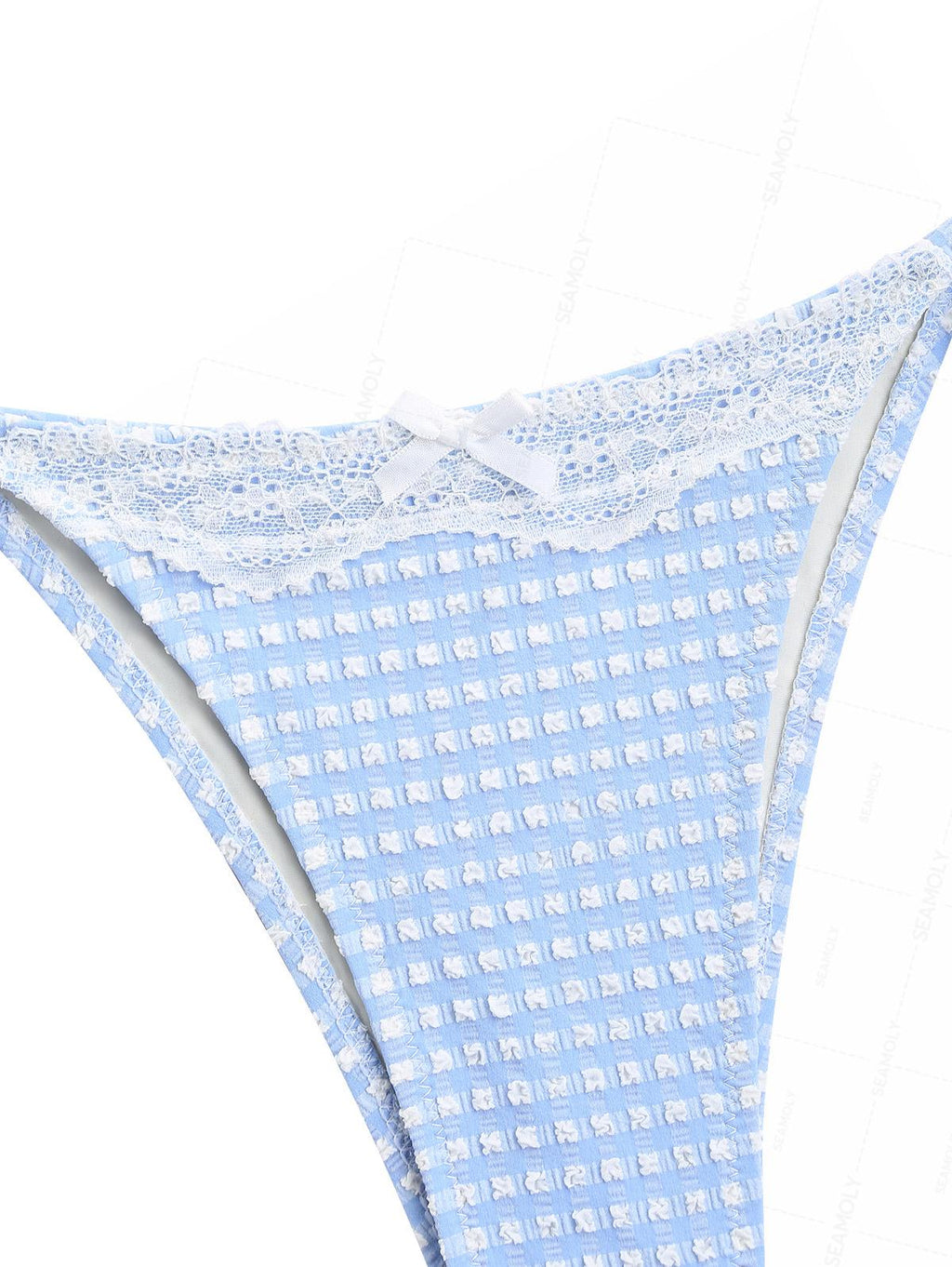 Seamolly Gingham Textured Lace Bowknot Halter Triangle Tie Side Bikini Set