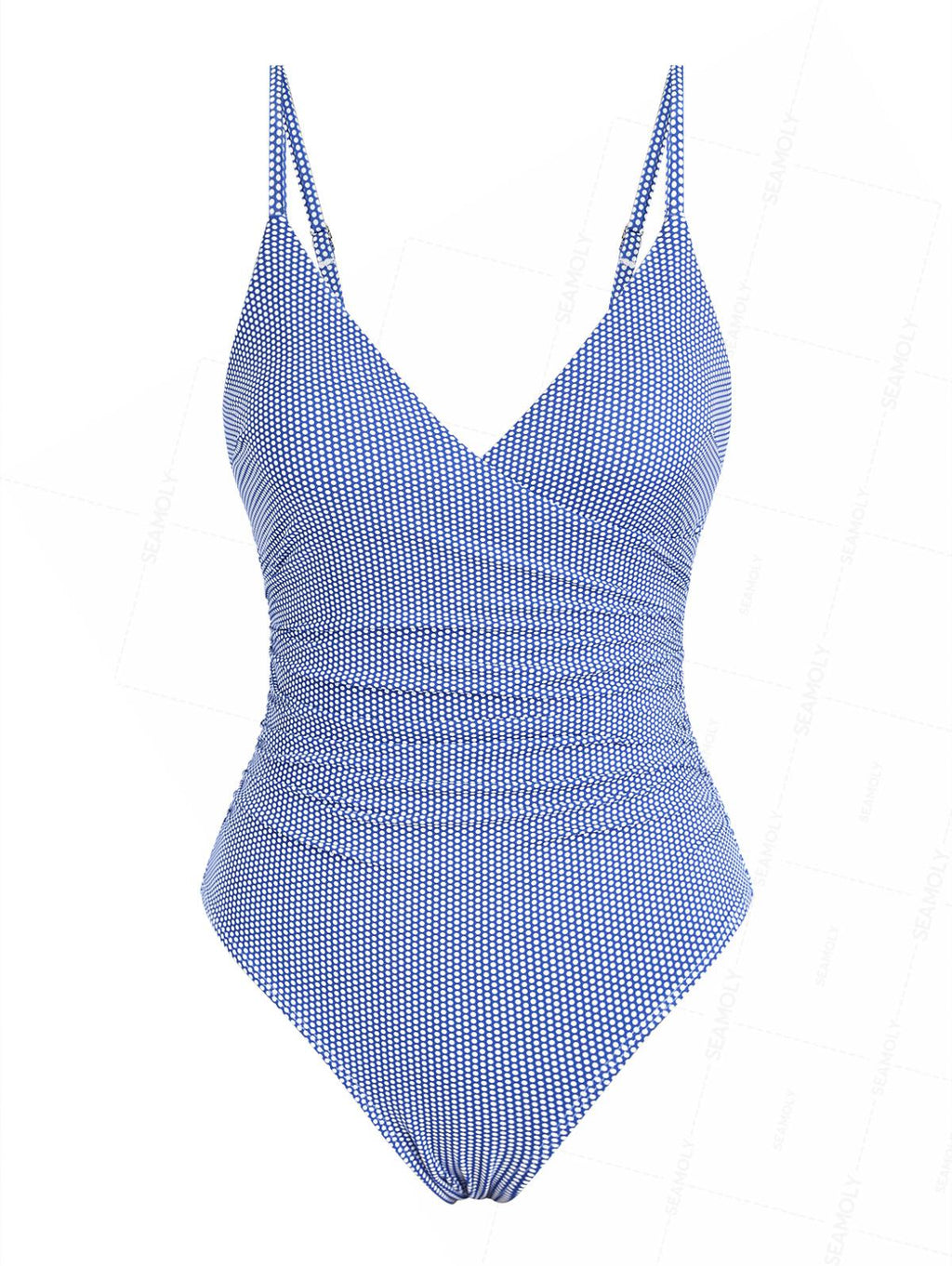 Seamolly Pin Dot Print Ruched Cut Out Plunging Neck One-piece Swimsuit