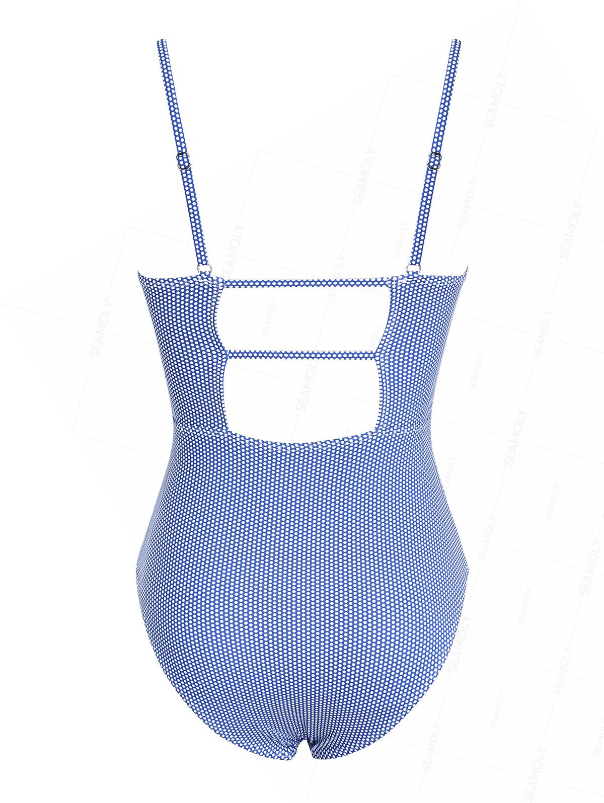 Seamolly Pin Dot Print Ruched Cut Out Plunging Neck One-piece Swimsuit