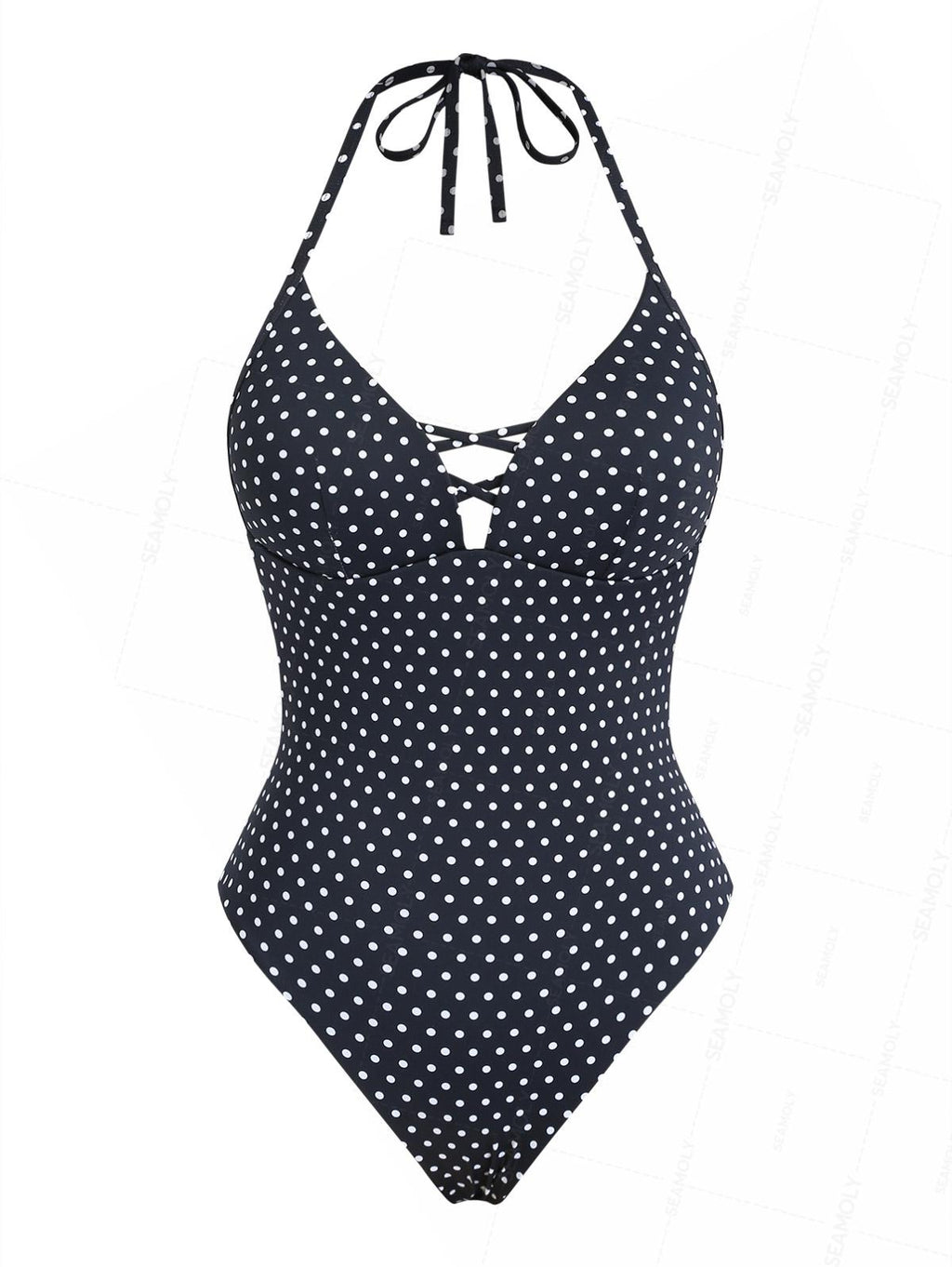 Seamolly Polka Dot Crisscross Open Back Halter One-piece Swimsuit