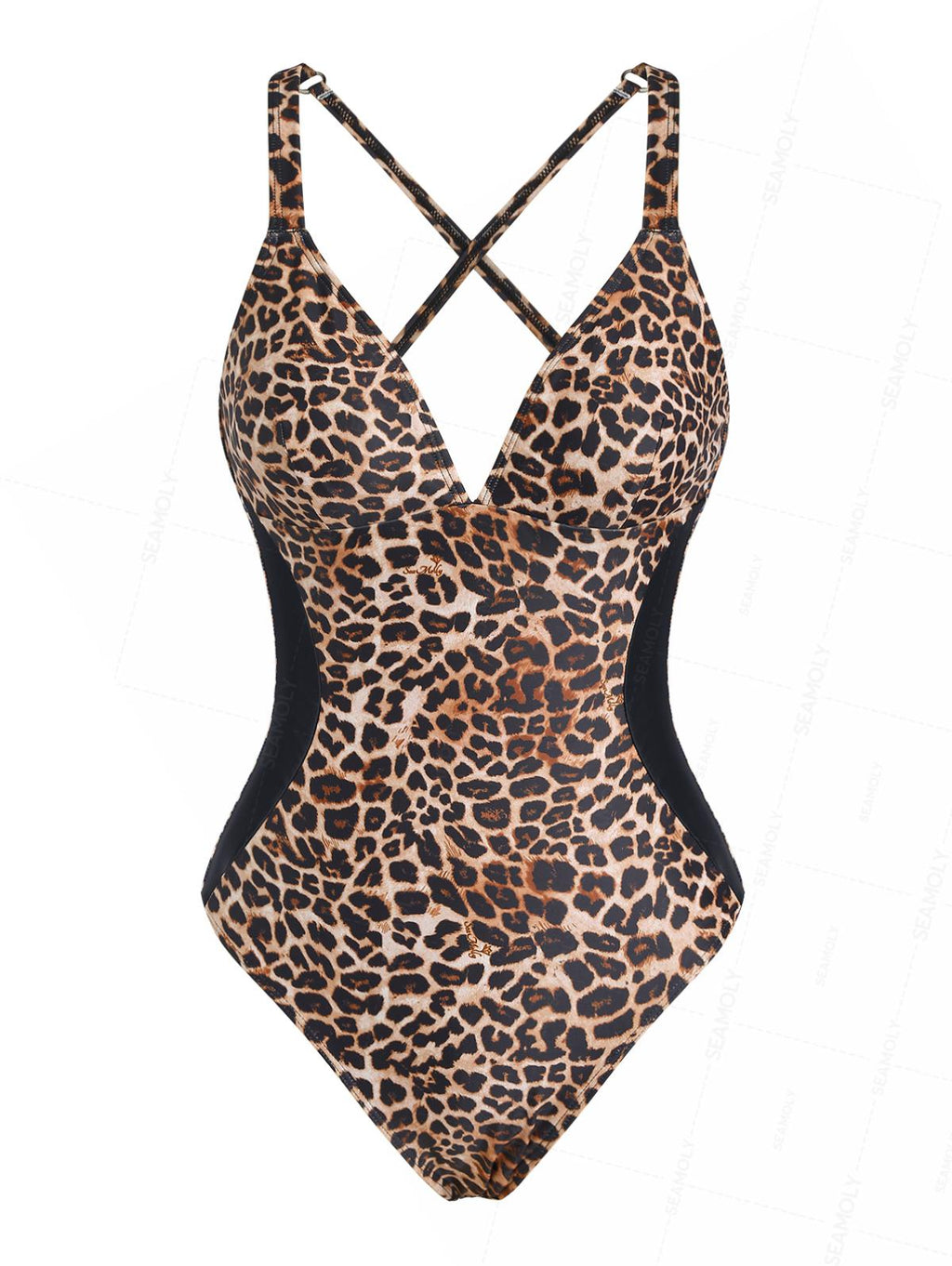 Seamolly Leopard Print Spliced Mesh V Neck One-piece Swimsuit