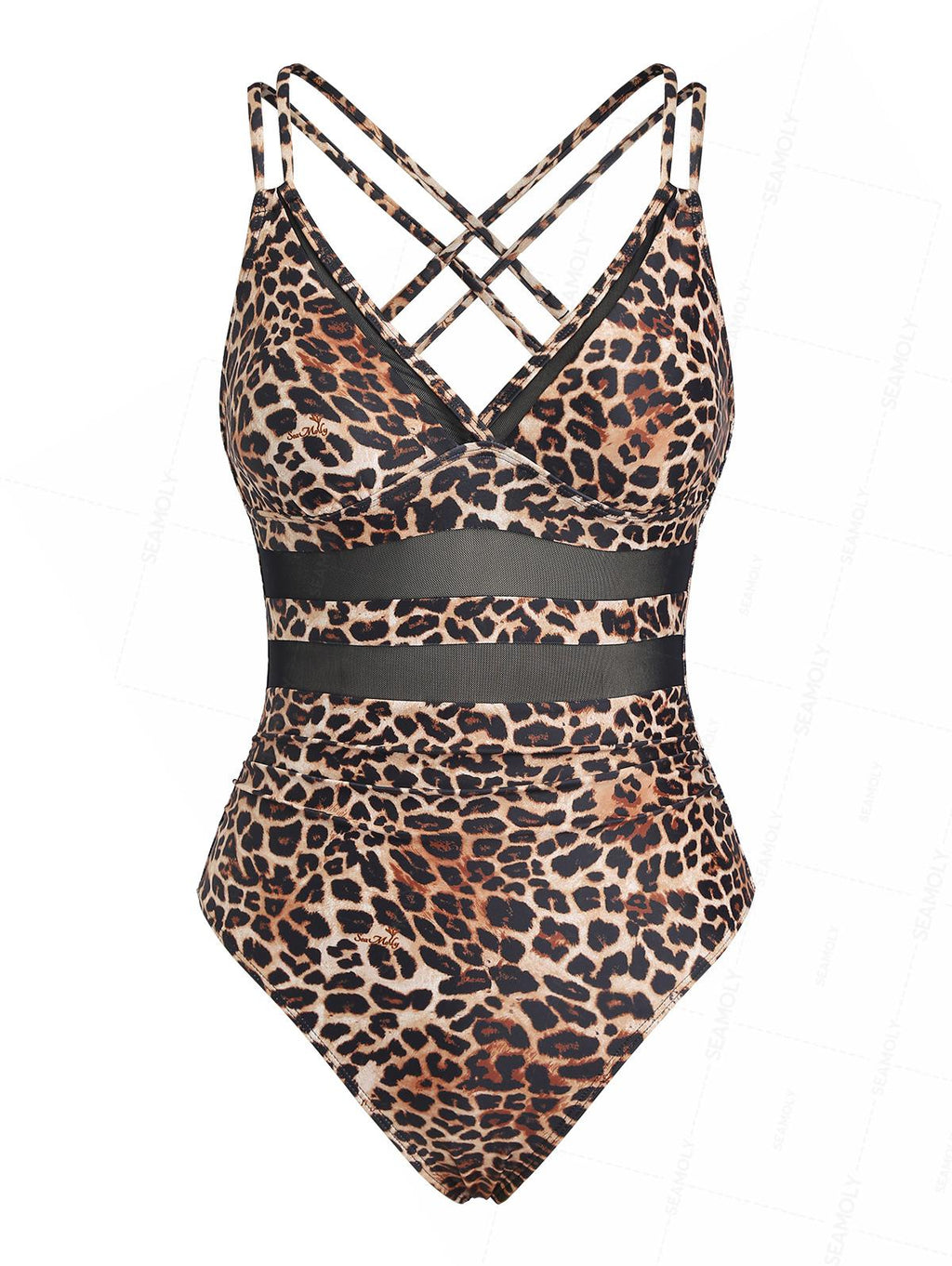 Seamolly Leopard Print Spliced Mesh Plunging Neck One-piece Swimsuit