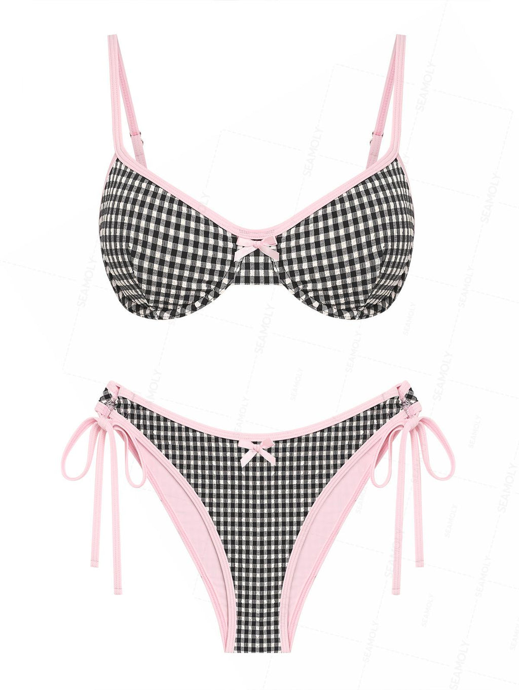 Seamolly Gingham Textured Contrast Binding Bowknot  Underwire Bikini Set