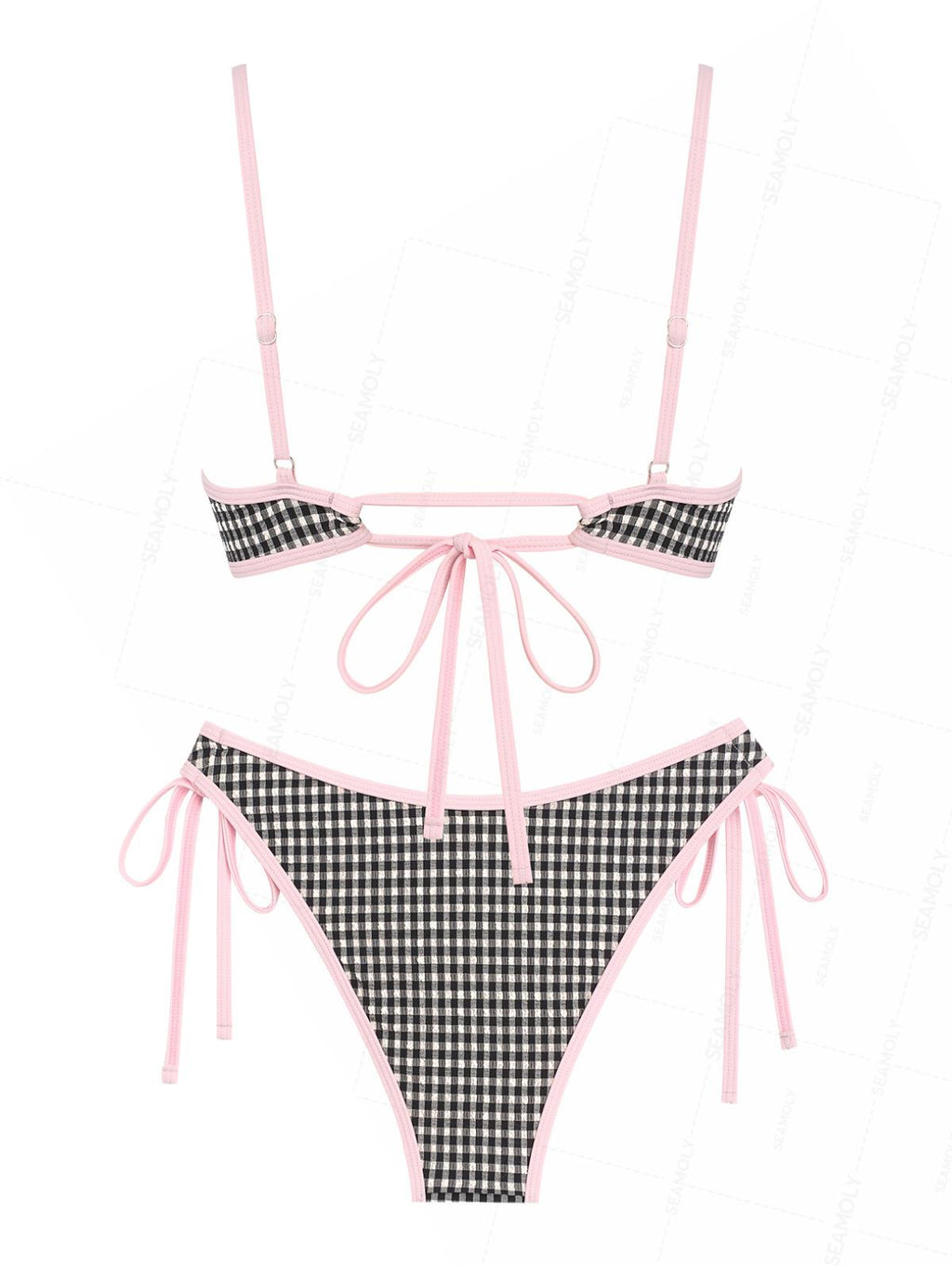 Seamolly Gingham Textured Contrast Binding Bowknot  Underwire Bikini Set