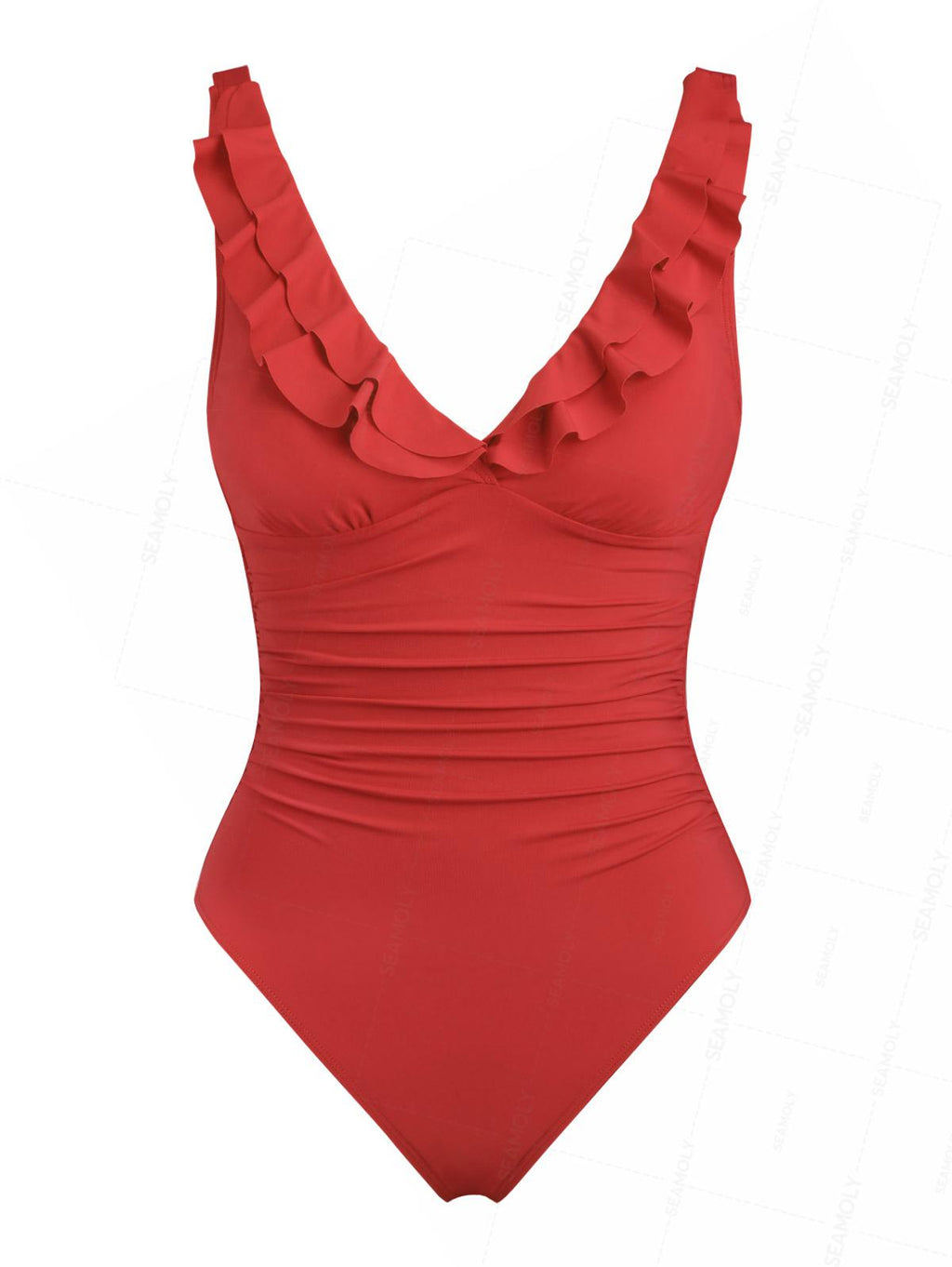 Seamolly Solid Color Ruched Ruffles Trim Plunging Neck One-piece Swimsuit