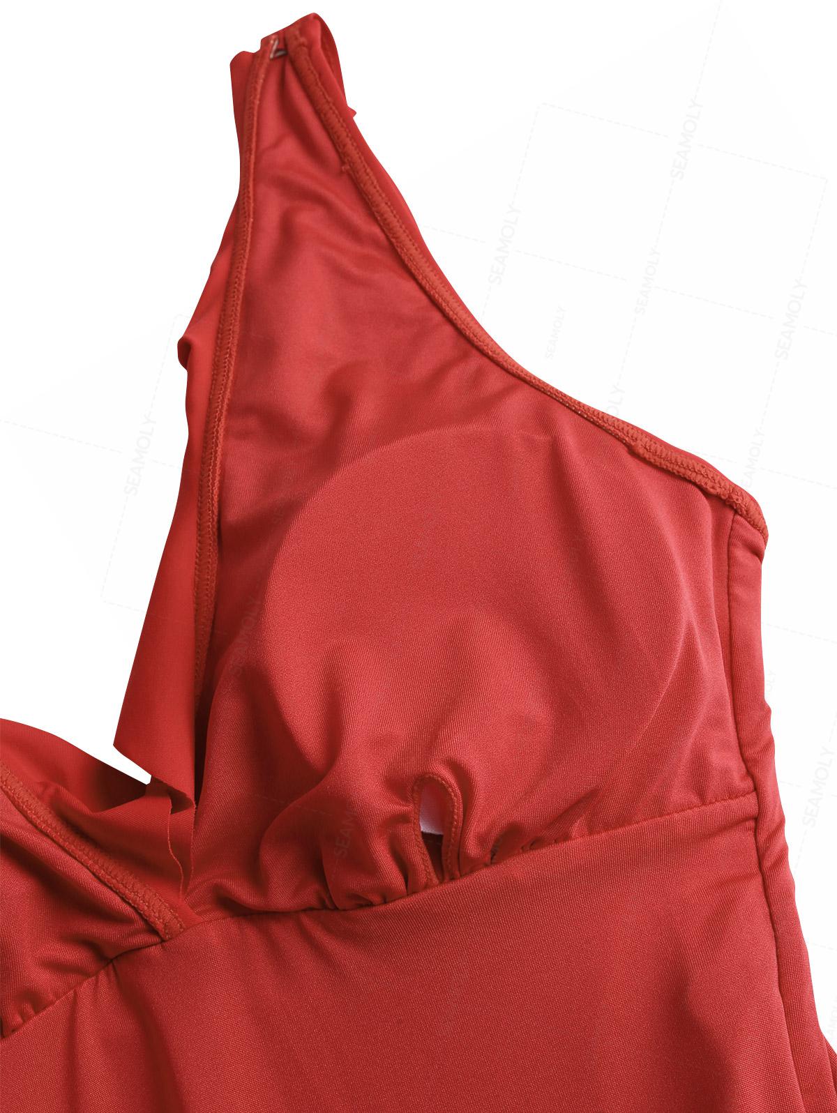 Seamolly Solid Color Ruched Ruffles Trim Plunging Neck One-piece Swimsuit