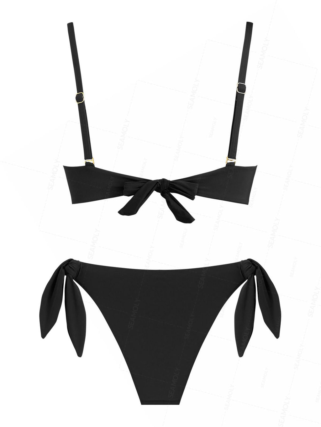 Seamolly Black Color Crisscross Twisted Ruched Gathering Triangle Bikini Set