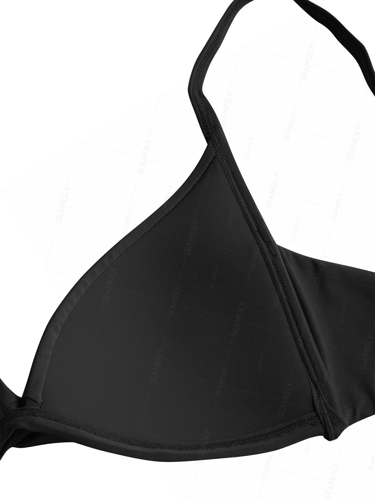 Seamolly Black Color Crisscross Twisted Ruched Gathering Triangle Bikini Set